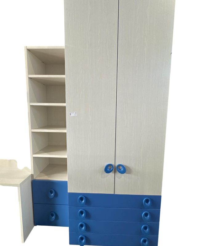 Set armadio 2 ante bianco/blu, libreria e scrivania