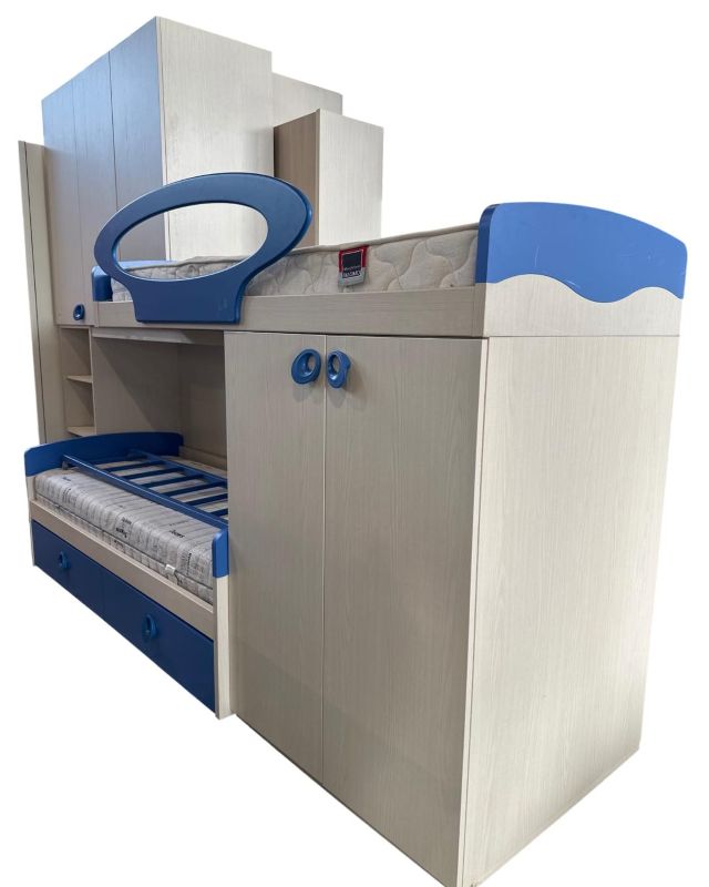 Cameretta a ponte con soppalco bianca blu completa di 2 materassi sfoderabili - immagine 2